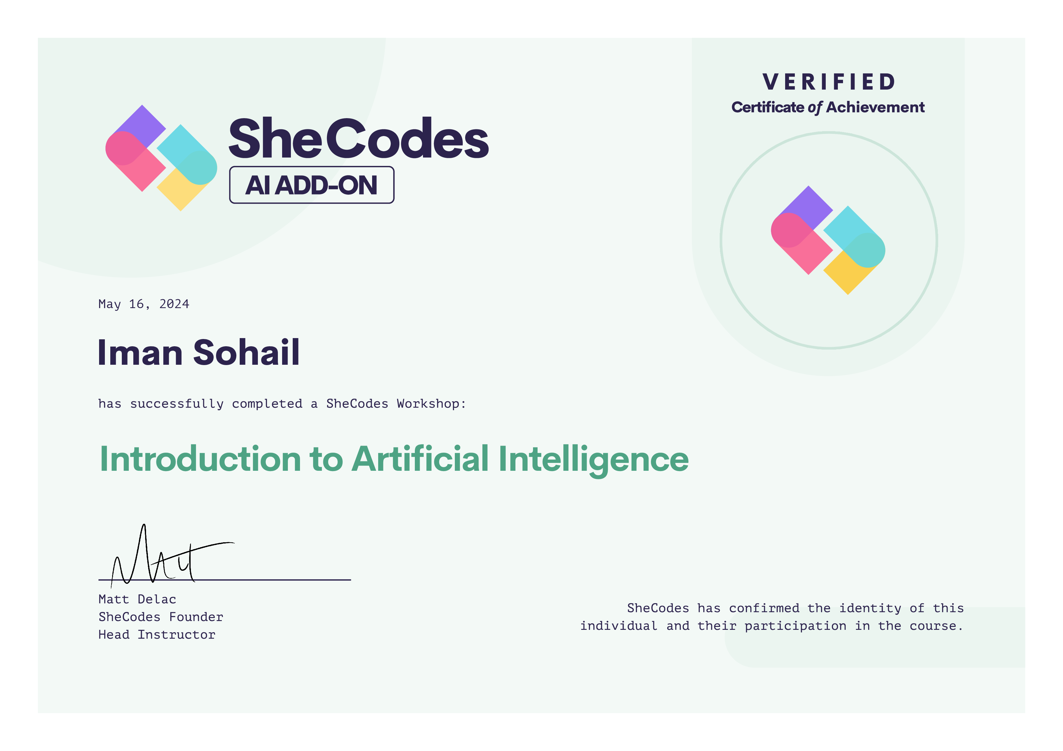 SheCodes AI Add-On Certificate